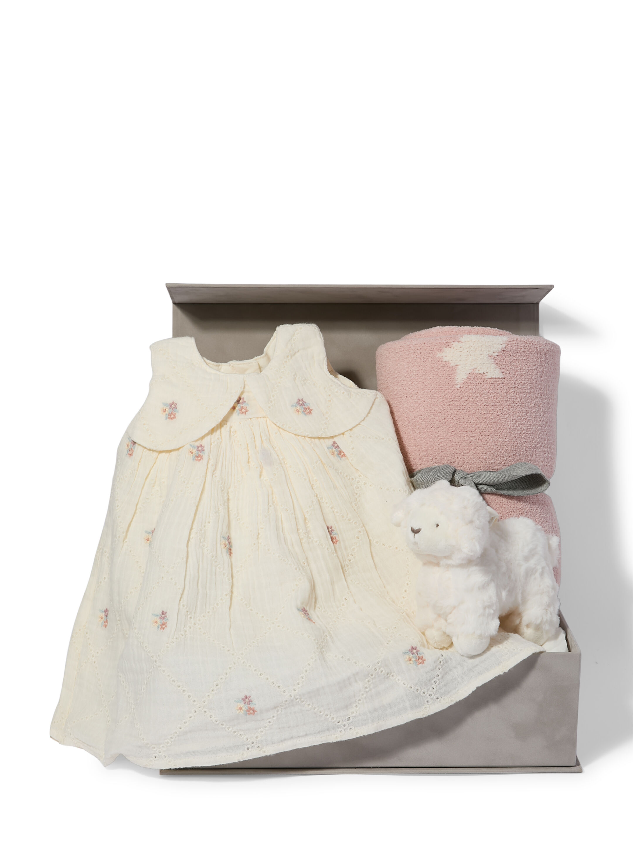 Bow Embroidered Dress - 4 Piece Gift Set with Lamb Chime Toy and Chenille Blanket image number 1